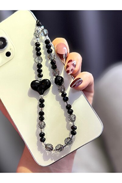 MİRAZ TASARIM Heart and Black Crystal Beaded Phone Charmi Phone Strap Bag Acc...