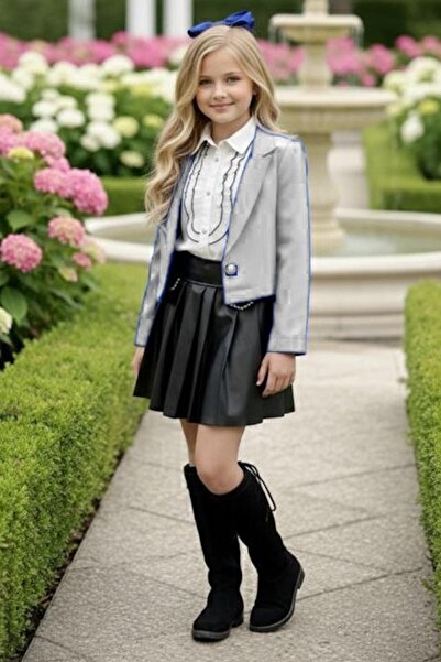 Riccotarz Girl's Diamond Stone Flared Shirt White Blazer Jacket Stone Detaile...