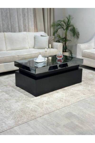 LAMST طاولة ضيافة خشبية بسطح زجاجي أسود