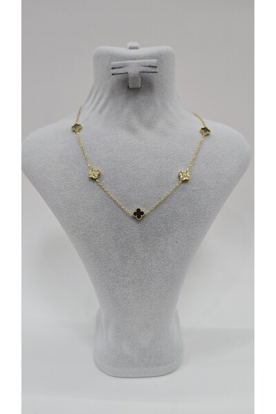 NO NAME Paslanmaz Çelik Siyah Krom Taşlı Gold Renk Çift Taraflı İnce Yonca Kolye