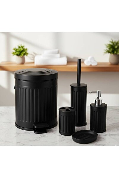 Livona Concep 5’li Banyo Seti Siyah | Çöp Kovası, Tuvalet Fırçası, Sabunluk, ...