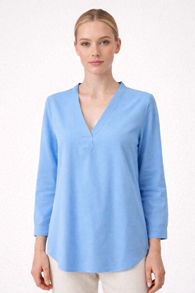 Nuevo Дамска синя блуза с V-образно деколте и дълги ръкави, изработена от вис...