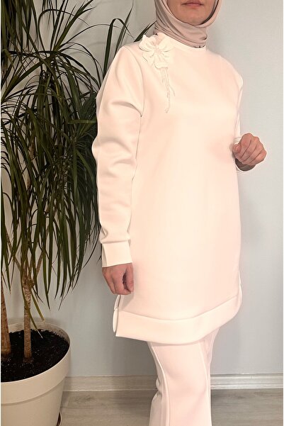 Nishta Çiçek detaylı scuba tunik (ekru)