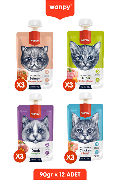 Wanpy 12li 4 Lezzet Taze Kedi Et Ezmesi Kedi Ödülü Çevir Aç Kapak 12 x 90gr
