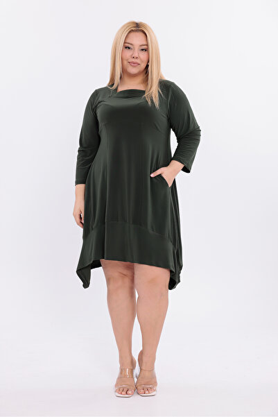 HELVEYS Casual and Stylish Asymmetrical Cut Knee Length Square Neck Sendy Fabric Long Sleeve Plus Size Dress 5011