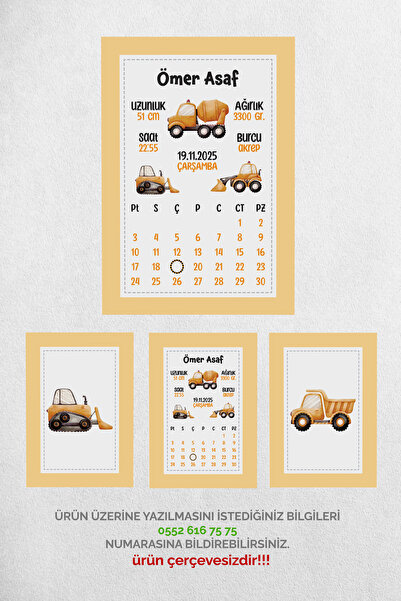 Mutluluk Atölyem A4 - 21X30 cm 3 Pieces Construction Machinery Birth Announce...