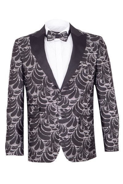OSCAR BANKS Premium Black Silver Custom Woven Jacquard Pattern Tuxedo Jacket