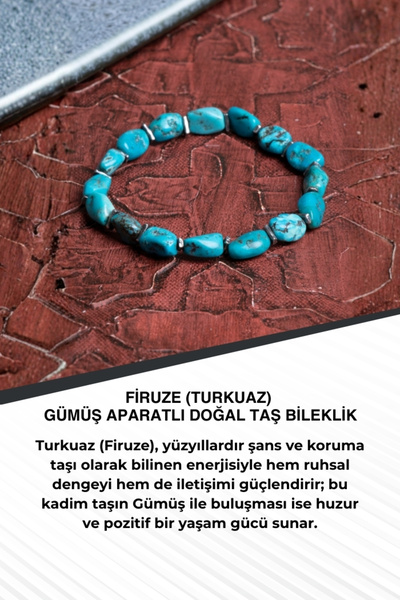 Saff Doğal Taş Turquoise (Turquoise) Natural Stone Bracelet with Silver Appar...