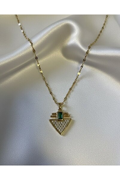 Çelik Yeşil Zirkon Gold Üçgen Kolye
