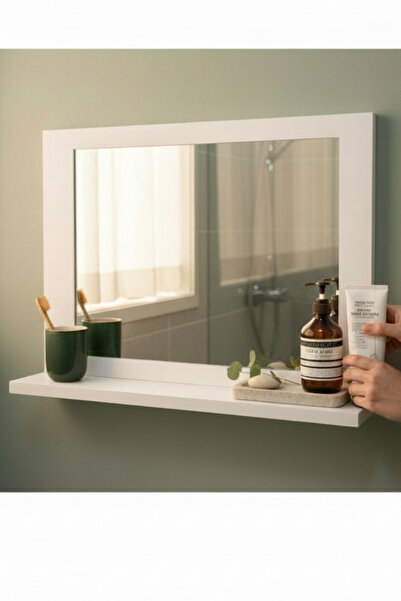 SürLaz Raflı Banyo Aynası Beyaz Lavabo Aynası Dekoratif Raflı Yatay Ayna