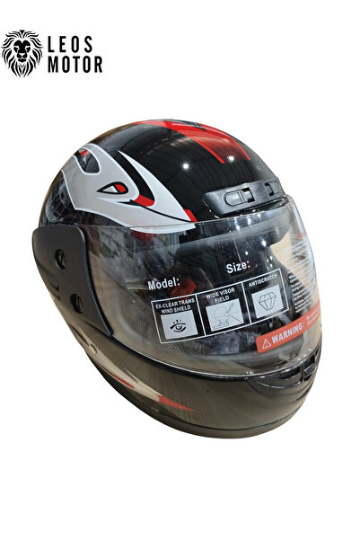LEOS MOTOR -FULL FACE KASK-İTHAL-SİYAH KIRMIZI DESENLİ-DERİ BOYUNLUKLU-