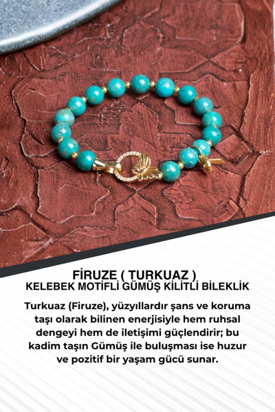 Saff Doğal Taş Turquoise Butterfly Motif Silver Interlocking Bracelet