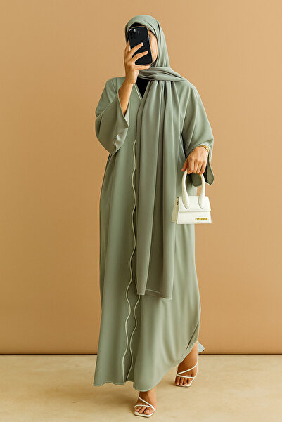 MayaCloset Wave cut Detail Olive Green Abaya & Kimono & Ferace
