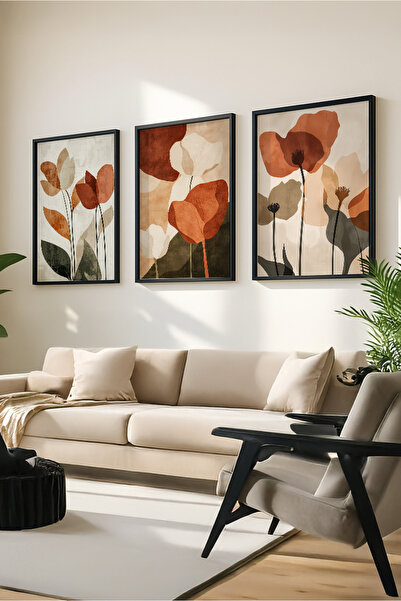 Ryta Soyut Botanik Tablo, Toprak Tonları 3lü set Çerçeveli Tablo
