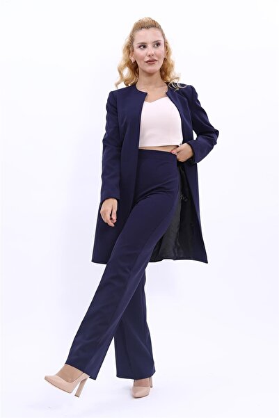 ÖNDER ÖZSOY بدلة نسائية محتشمة بياقة دائرية وسترة طويلة وبنطلون واسع الساق - ...