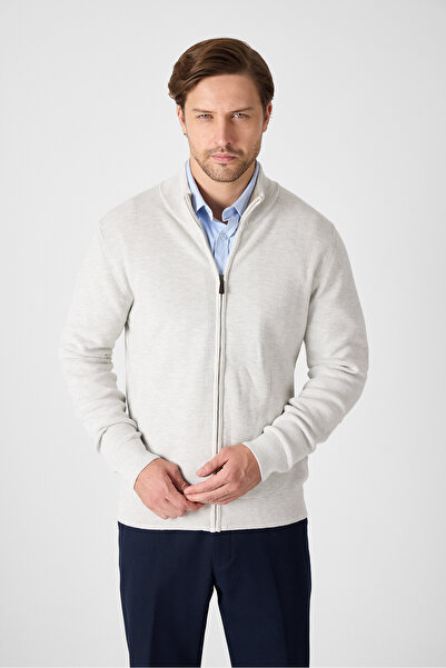 Frappoli سترة ماتياس للرجال من نوع سيلانيك محبوكة باللون الأبيض الفاتح بسحاب كامل ياقة مرتفعة متوسطة الطول سترة كارديجان ذات قصة عادية