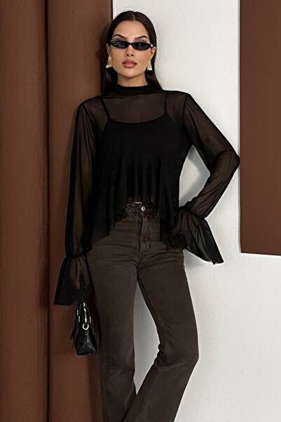 Trend Alaçatı Stili Women's Black Transparent Chiffon Flutter Sleeve Blouse and Strap Tank Top Two-Piece Set Vs01604