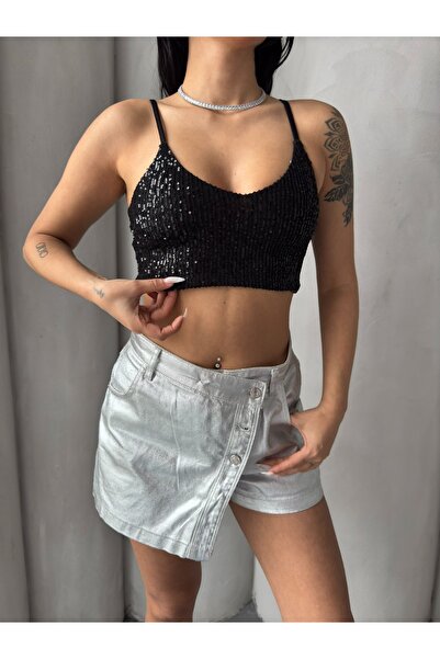 Hisleria Women's Strappy Sequined Crop (Bustier) Blouse - Black