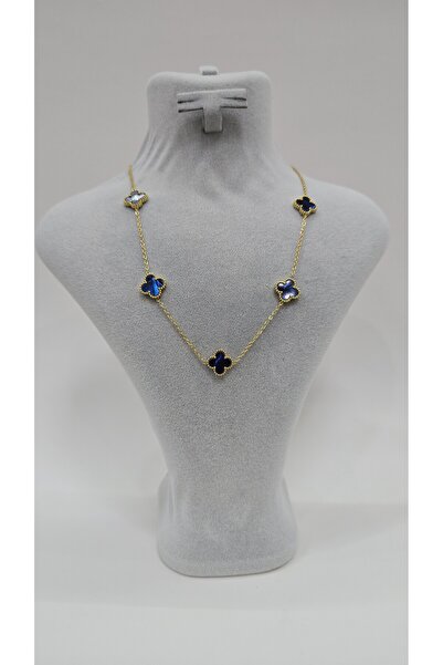 NO NAME Paslanmaz Çelik Lacivert Taşlı Gold Renk Çift Taraflı Yonca Kolye