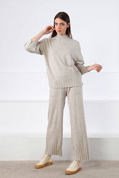 Ferraro A.Beige Elastic Waist Wide Leg Cashmere Women's Knit Trousers