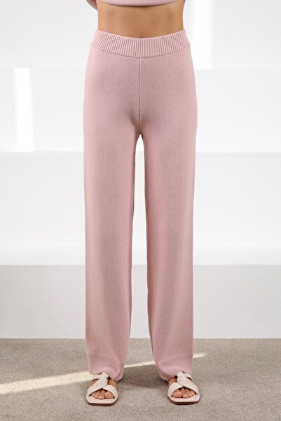 Ferraro بنطلون تريكو نسائي من الكشمير بدون جيوب ذو خصر عالٍ باللون الوردي