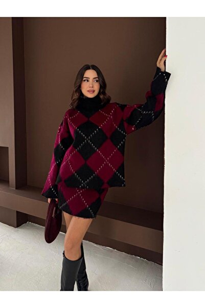 winter club Women's Diamond Patterned Fleece-Lined Piece Top and Bottom Set