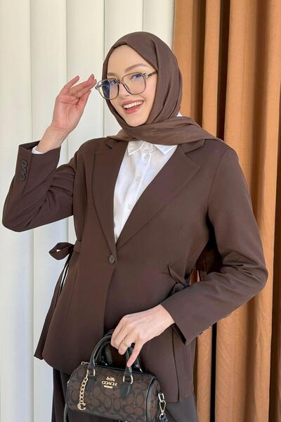 Modaensarbutik Kruvaze Yaka 2 Yan Bağcıklı Tek Düğme Ceket-KAHVERENGİ