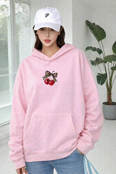 DEEPSENCE Women's Pink Hooded Oversized Sweatshirt Cherry Minimal Printed