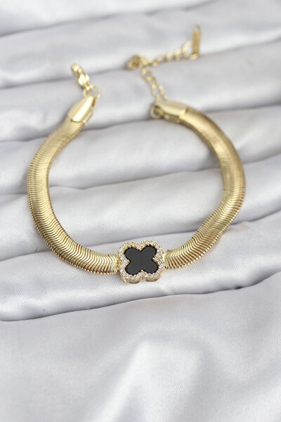 Nehir 316L Steel Gold Color Black Clover Model Zircon Stone Snake Chain Women's Bracelet Valentine's Mother's Day