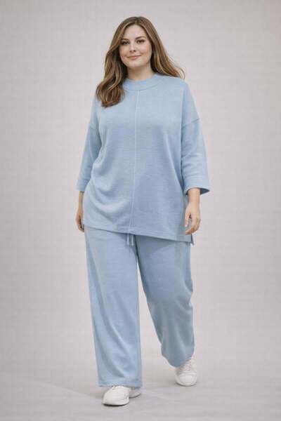 bezeXL Plus size plain front stitched knitwear double set blue