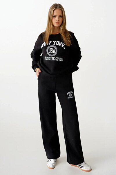 Trend Alaçatı Stili Women's Black Printed Oversized Sweatshirt and Wide Leg 3...