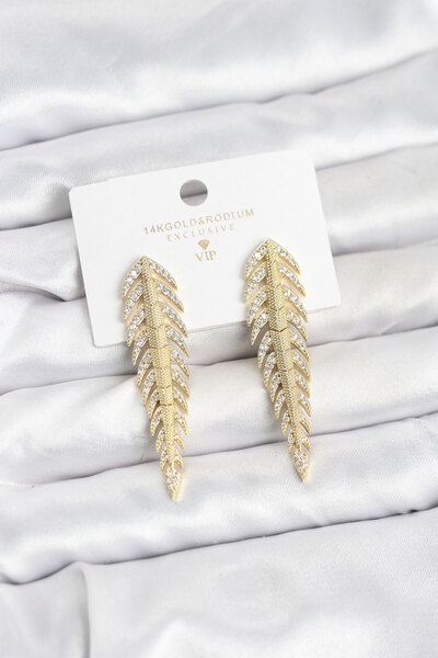 Clariss Brass Gold Color Herringbone Model Zircon Stone Women's Earrings