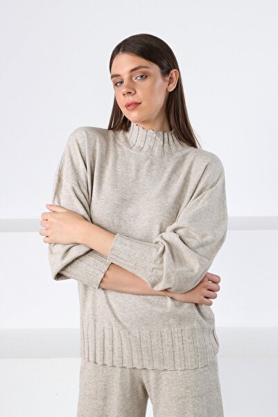 Ferraro A.Beige Long Sleeve Half Turtleneck Comfortable Fit Cashmere Women's Knit Sweater