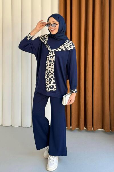 Modaensarbutik Oysho Kumaş Leopar Desenli Pantolonlu Tesettür Takım-LACİVERT