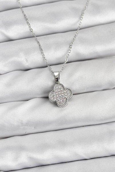 Clariss 316L Steel Chain Silver Color Zircon Stone Clover Model Women's Neckl...