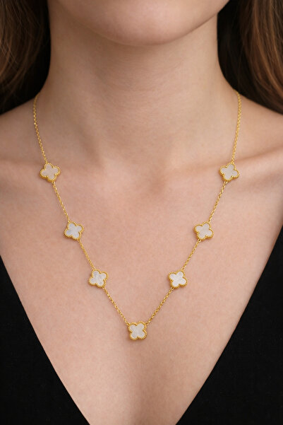 liore dünyası Gerçek Gümüş 7 Yoncalı Beyaz Taşlı Altın Renk Kadın Kolye | Şan...