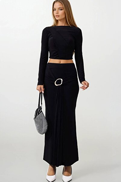 Trend Alaçatı Stili Women's Black Draped Long Sleeve Blouse and Buckle Detail...