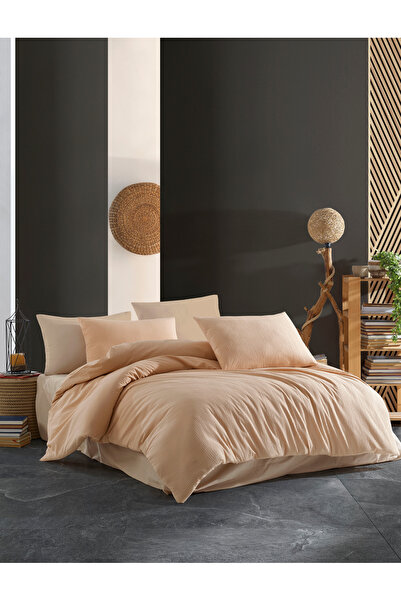 NazeninHome Gofre 100% Cotton Double Duvet Cover Set Beige