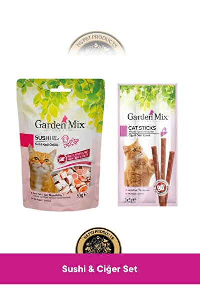 Garden Mix Kuzu Etli Sushi 60 gr & Mix Ciğerli Ödül Çubuk Kedi Stick Ödül Mam...