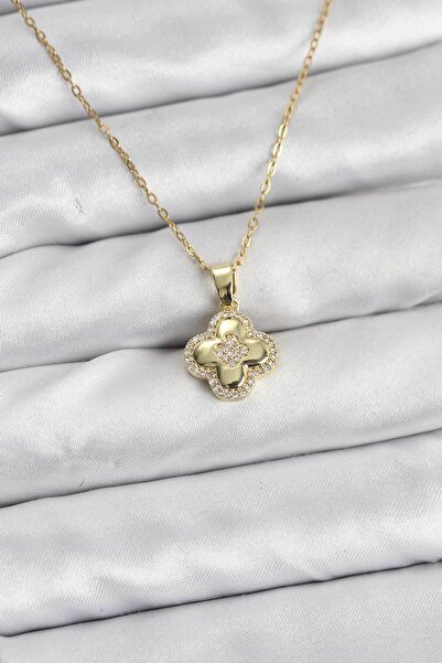 Clariss 316L Steel Chain Gold Color Zircon Stone Clover Model Women's Necklace - Kly-0626