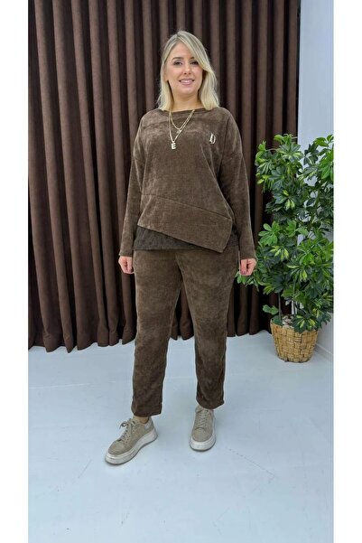 MARE BUTİK Asymmetrical Detailed Velvet Textured Double Suit-Brown