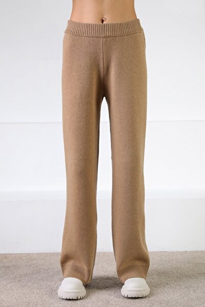 Ferraro Pantaloni de tricotaj pentru femei Camel talie înaltă fără buzunare d...