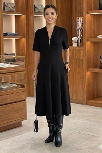 Nevin Kaya Moda Siyah Fiyona Kısa Kollu Elbise