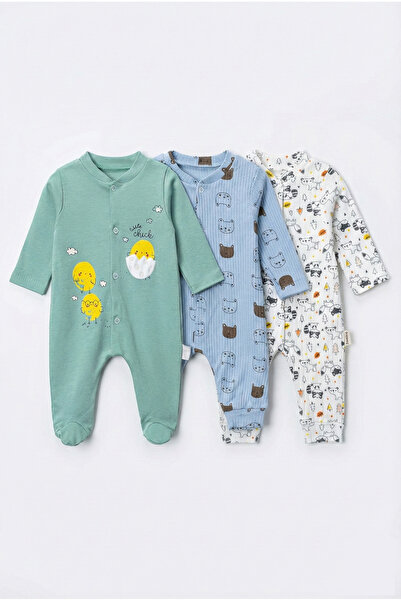Noone Baby 3-Piece Cotton Romper Set - Teddy Bear, Chick and Raccoon Patterned Snap-On Sleeping Bags