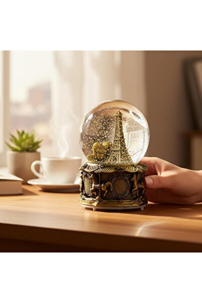 hediyesahibi Eyfel Temalı Büyük Boy Püskürtmeli Müzikli Işıklı Kar Küresi Gold