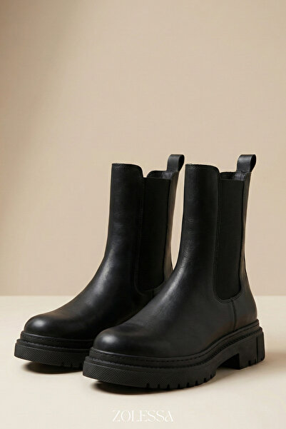 ZOLESSA Kadın Siyah Chelsea Bot Kaymaz Taban Kalın Topuklu Yandan Lastikli Gü...