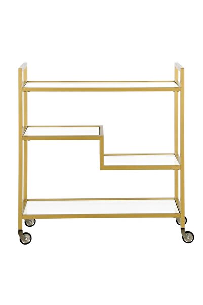 genric Gold Metal Serving Trolley with Clear Glass Shelves - 3-Tier Rolling Bar Cart (Small 80x40x90 cm)