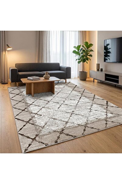 Carpettex Bej Baklava Desenli Açık Zemin Dijital Baskılı Kaymaz Tabanlı Yıkan...