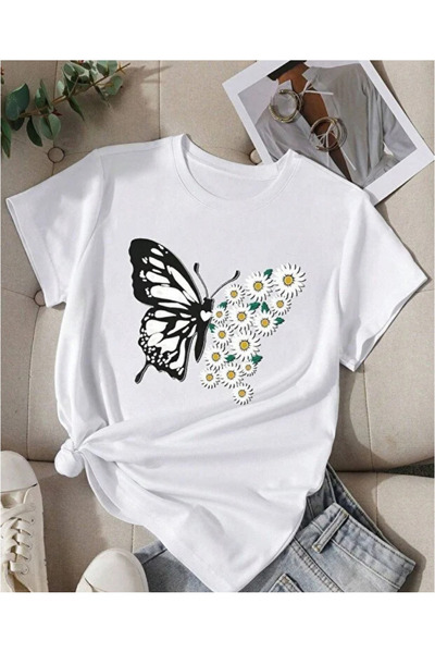 shi dumanlar giyim Oversize Kelebekli Papatya Baskılı Unisex /Bay T-Shirt tsh...