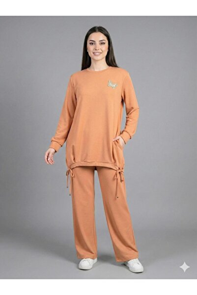 F&D Tekstil Women's Modal Lace Detailed Stone Embroidered Double Set